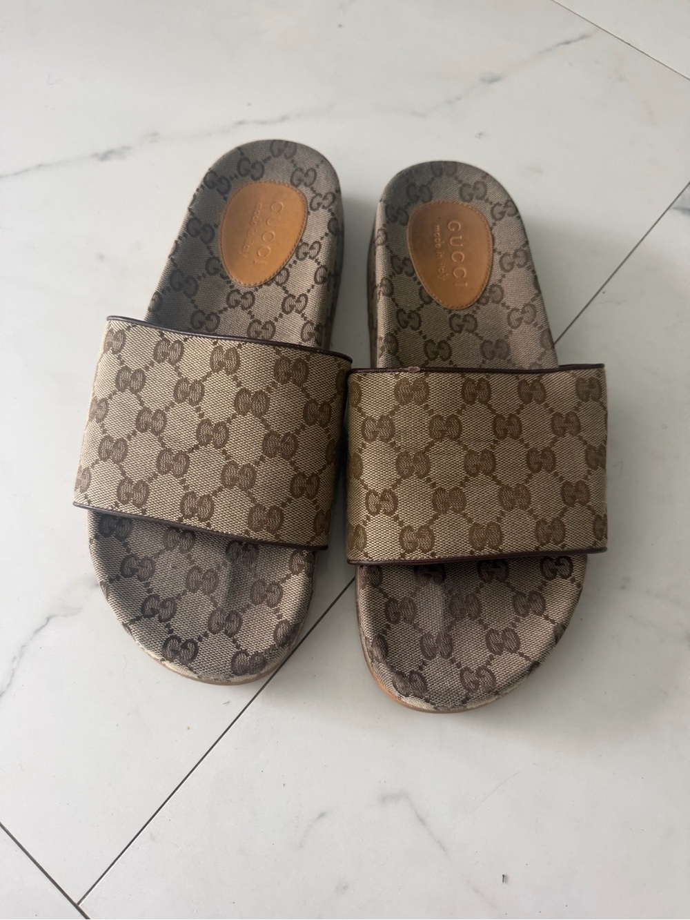 Gucci Tan Brown Monogram GG Canvas Slide Sandals